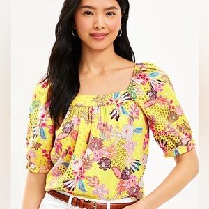 LOFT• Floral Patchwork Puff Sleeve Blouse Size Large • NWT